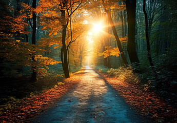 Poster - Autumn road in the forest. Colorful autumn landscape with sunbeams. High quality photo
