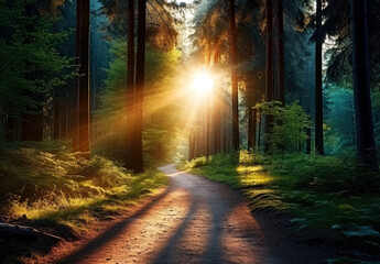 Poster - Beautiful sunset in the forest with a path leading to the sun. High quality photo