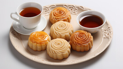 Wall Mural - Three cups of tea and three mooncakes served on white plate. Generative Ai