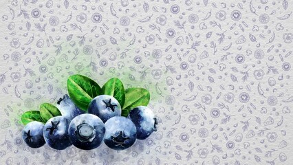 Wall Mural - Watercolor Fruits and Vegetables. Blueberries. Text and Price can be Written on the Right Side or Top Side of the Image. Nutritional Values can be Written. The video of this image is in my portfolio. 