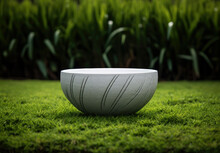 Empty Round White Bowl Ceramic On Green Grass Background. High Quality Photo