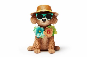 Poster - a cheery, adorable brown toy a white background, a poodle wearing a summer costume inspired by Hawaii and a hat with sunglasses on top.