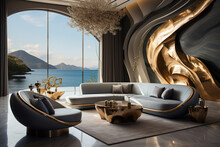 Luxury Villa On Seaside. Interior Design Of Modern Living Room With Golden Sculptures.