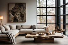 Rustic Live Edge Table And Chairs Near Beige Sofa. Scandinavian Interior Design Of Modern Living Room With Big Art Poster. 