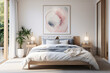 canvas print picture - Scandinavian interior design of modern bedroom with big art poster frame.