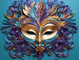 Wall Mural - A purple and blue mask with feathers on a blue background. Generative AI.