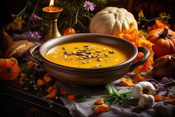 A bowl of pumpkin soup sitting on top of a table. Generative AI. Autumntime, natural autumn decor.