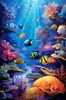 Underwater world with Colorful clownfish, sea ocean animals, corals and algae, seabed bottom creatures, undersea biodiversity fauna.