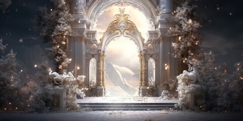 AI Generated. AI Generative. Baroque heaven inner space gate. Religion architecture temple entrance god sun meet fantasy gothic vibe. Graphic Art