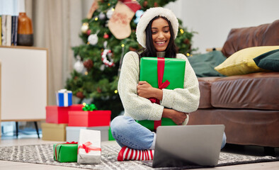 Sticker - Woman, Christmas present and laptop, video call and celebrate holiday, happiness and communication. Virtual conversation, contact on pc and female person at home with gift giving, package and smile