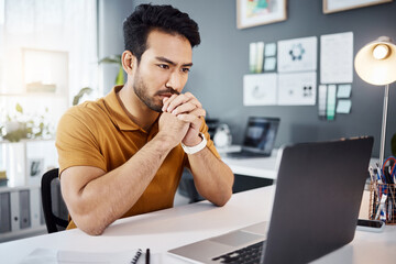 Fototapete - Technology, businessman thinking and with laptop in his modern office with a lens flare. Connectivity or online communication, planning or idea and man at his desk reading an email or data review