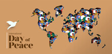 International Day Of Peace. Planet Earth, Diverse People And Dove Symbol In Papercut Banner