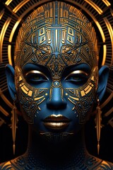 Wall Mural - A close up of a person with a blue face. Generative AI. A tribal costume, outfit.