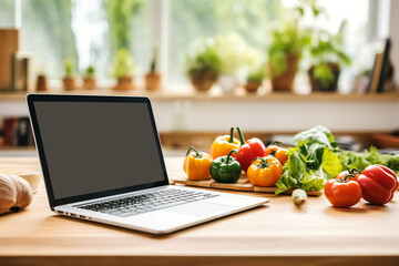 Open laptop with blank black screen sitting on wooden kitchen table. Fresh organic vegetables. Home cooking healthy diet concept