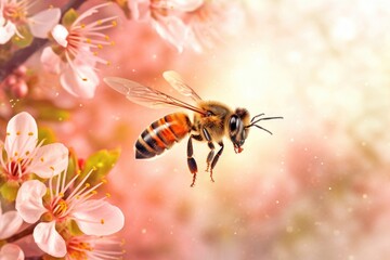 Poster - a honey bee collecting pollen from a tree bloom while in flight. a bee is soaring against a springti