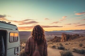 Traveling Woman in RV Admiring Desert Road in Sunset Generative AI