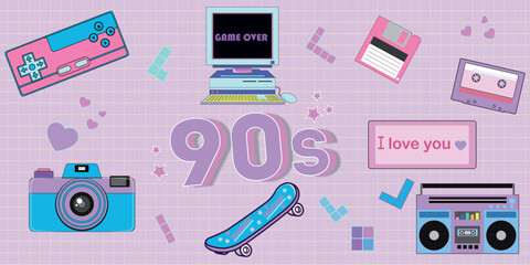 Fototapete - Cute sticker pack in trendy retro y2k style. Kawaii elements set. Glamour 90s. Nostalgia for 1990s -2000s.