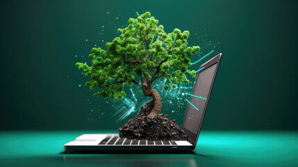 Environmental friendly concept tree growing from laptop sustainability ecology problems.
