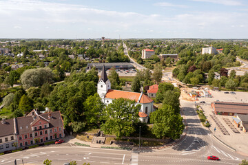 Wall Mural - Aerial view of the city center and Saldus Lutheran Church. Saldus, Latvia