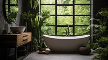 Bright Bathroom With Subway Tile And A Variety Of Dark Green Plants Of Deep Forest Style, Generative AI
