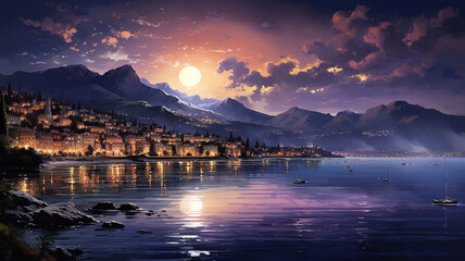 Wall Mural - Moon lights on the prosperous city and sea, Bright color. Generative Ai