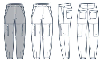 Wall Mural - Cargo Pants technical fashion Illustration, grey design. Jeans Pants fashion flat technical drawing template, gusset pockets, front, side and back view, white, women, men, unisex CAD mockup set.