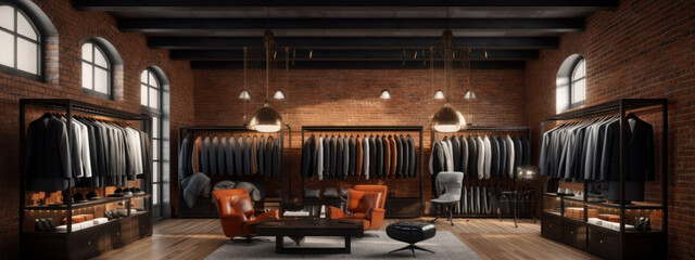 Wall Mural - men's clothing store. elite showroom. brown and beige showcase. shirts and jackets on hangers. generative ai, ai,