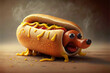 © fahrwasser - Cartoon hot dog looking like a real dog, fun and silly illustration, generative AI