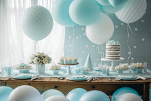 Light Blue Dessert Table With Baloons And Confetti, Baby Shower Concept For A Boy, Generative AI