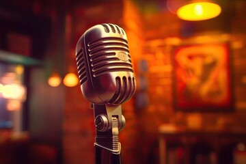 Wall Mural - microphone with lighting effect on an ancient brick wall in the copy room. closeup with a small depth of field