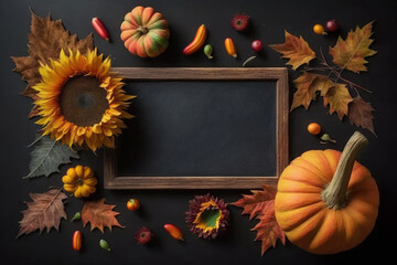 Wall Mural - Fall background, empty chalkboard surrounded by pumpkins and sunflowers and fall leaves, generative AI