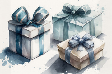 Wall Mural - White and blue gift boxes with blue ribbons on white background watercolor style, generative AI