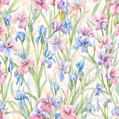Wall Mural - Watercolor drawing with irises and leaves. Mother's Day card. Floral pattern for wallpaper or fabric with iris flowers. Templates for design, botanical illustration in watercolor style. Generative AI