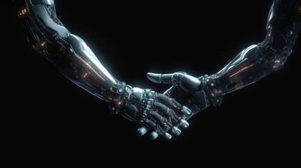 Poster - Robot hand shake with human hand on black background,  Generative AI