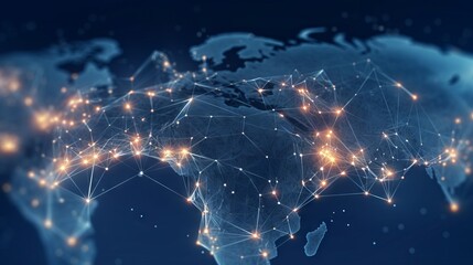 Fototapete - Global network connection on world map. Technology background. Generative AI