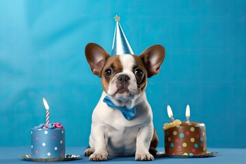 Wall Mural - Cute dog blowing out candles while wearing a party hat, with copy space to the side and a blue backdrop.