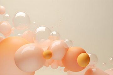 Organic abstract transparent translucent plastic rubber bubbles and blobs, yellow, orange, that float in the air isolated on beige background. Abstract scene. copy space. Generative ai