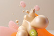 Abstract Pastel plastic blobs shapes, pink, green, orange, bubbles that float in the air isolated on beige background. Abstract scene. copy space, Generative ai