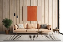A Scandinavian Living Room Poster Mockup With Orange Couch Furniture On A Beige Backdrop And Wooden Wall Stripes, A Black Table, And Wooden Empty Frames.