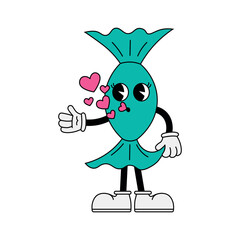 Poster - Candy character with hearts in 70s cartoon style. Funny character in retro style. Vector illustration isolated on white background