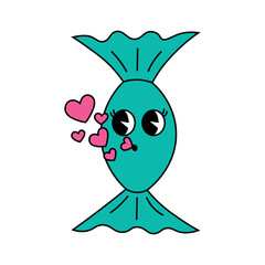 Poster - Funny groovy retro clipart candy. Candy character in 70s cartoon style. Vector illustration isolated on white background