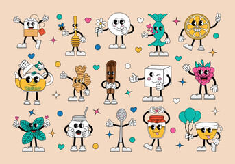 Poster - Tea set funny cartoon characters in 70s style. Modern illustration with cute characters wearing gloves