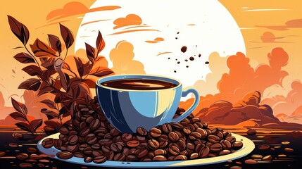 Wall Mural - A steaming cup of coffee accompanied by fresh roasted beans. (Illustration, Generative AI)