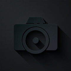 Poster - Paper cut Photo camera icon isolated on black background. Foto camera icon. Paper art style. Vector Illustration