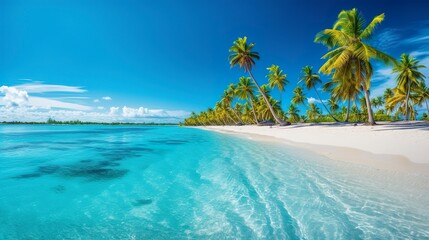 Poster - Tropical paradise beach with white sand and crystal clear blue water. Beautiful natural summer vacation holidays background. Travel tourism wide panorama background concept. AI Generative