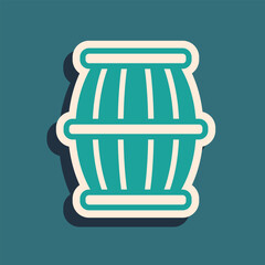 Poster - Green Gun powder barrel icon isolated on green background. TNT dynamite wooden old barrel. Long shadow style. Vector