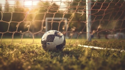 Soccer ball in goal in a socer field.