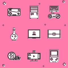 Poster - Set Mobile and playing in game, Computer, Game console with joystick, Bottle magic elixir, Laptop, Chest for, Coin and Live streaming online icon. Vector