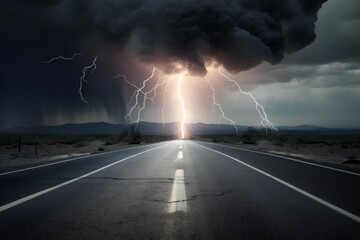 Wall Mural - storm clouds over the road with lightning,CGI Image of Lightning Striking the Middle of an Asphalt Street Amidst Stormy Weather, Intense and Dynamic Landscape