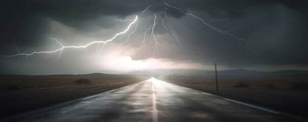 Wall Mural - storm clouds over the road with lightning,CGI Image of Lightning Striking the Middle of an Asphalt Street Amidst Stormy Weather, Intense and Dynamic Landscape